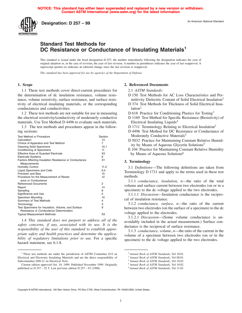 ASTM D257-99 - Standard Test Methods for DC Resistance or Conductance of Insulating Materials