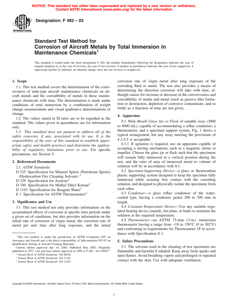 ASTM F482-03 - Standard Test Method for Corrosion of Aircraft Metals by Total Immersion in Maintenance Chemicals