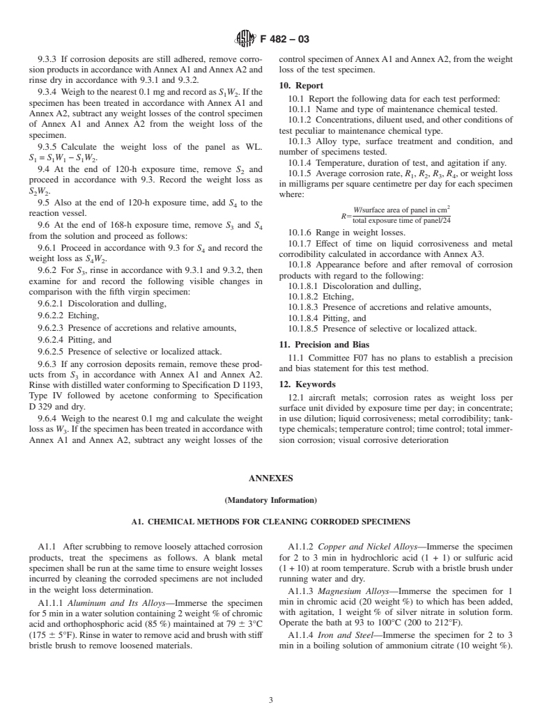 ASTM F482-03 - Standard Test Method for Corrosion of Aircraft Metals by Total Immersion in Maintenance Chemicals