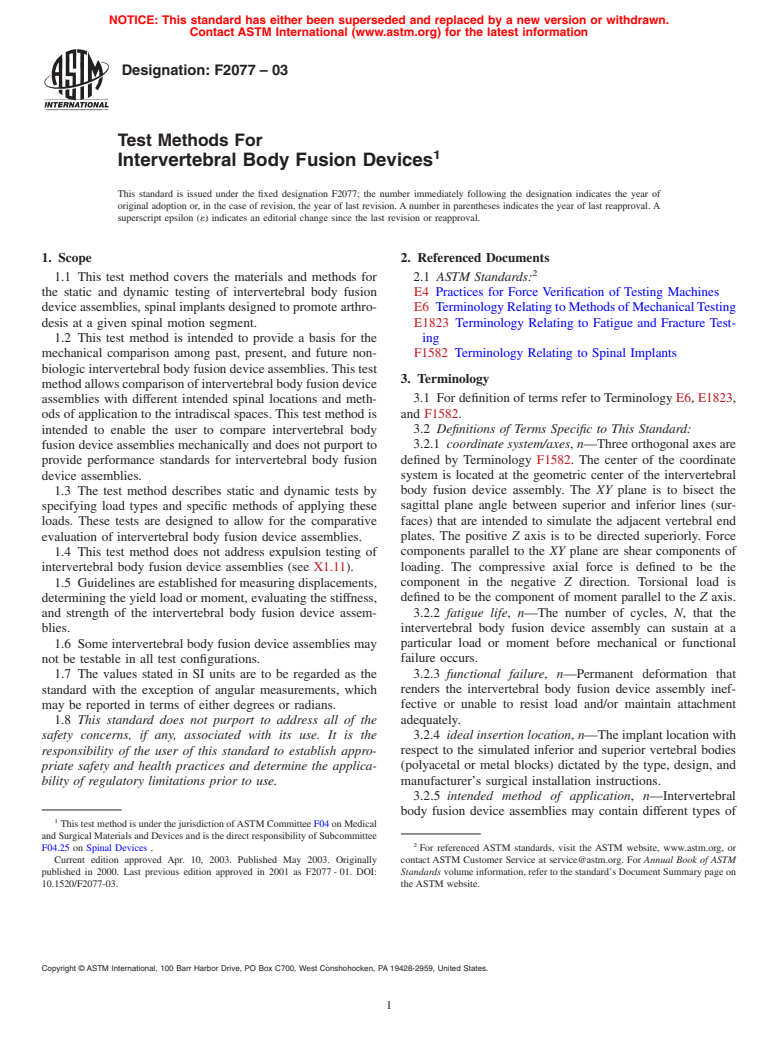 ASTM F2077-03 - Test Methods For Intervertebral Body Fusion Devices