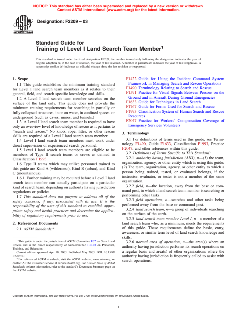 ASTM F2209-03 - Standard Guide for Training of Level I Land Search Team Member