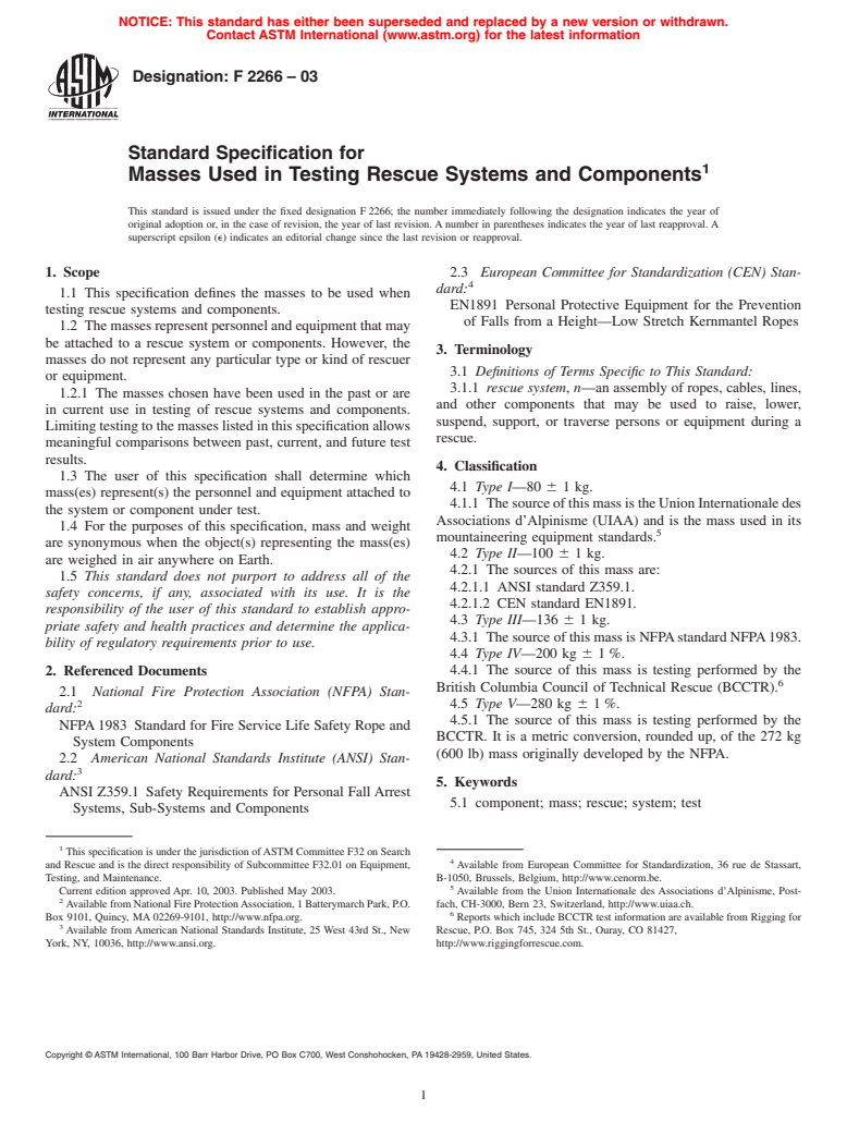 ASTM F2266-03 - Standard Specification for Masses Used in Testing Rescue Systems and Components