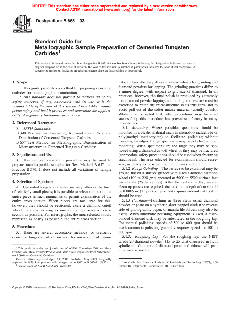 ASTM B665-03 - Standard Guide for Metallographic Sample Preparation of Cemented Tungsten Carbides