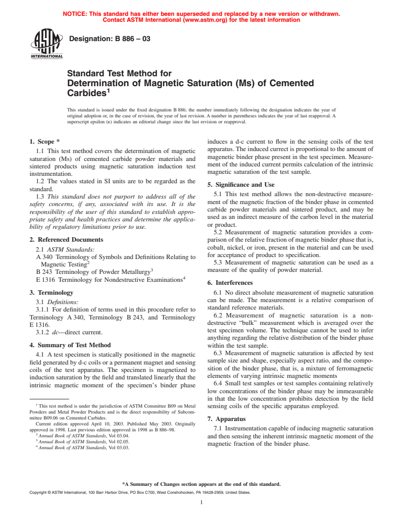 ASTM B886-03 - Standard Test Methods for Determination of Magnetic Saturation (Ms) of Cemented Carbides