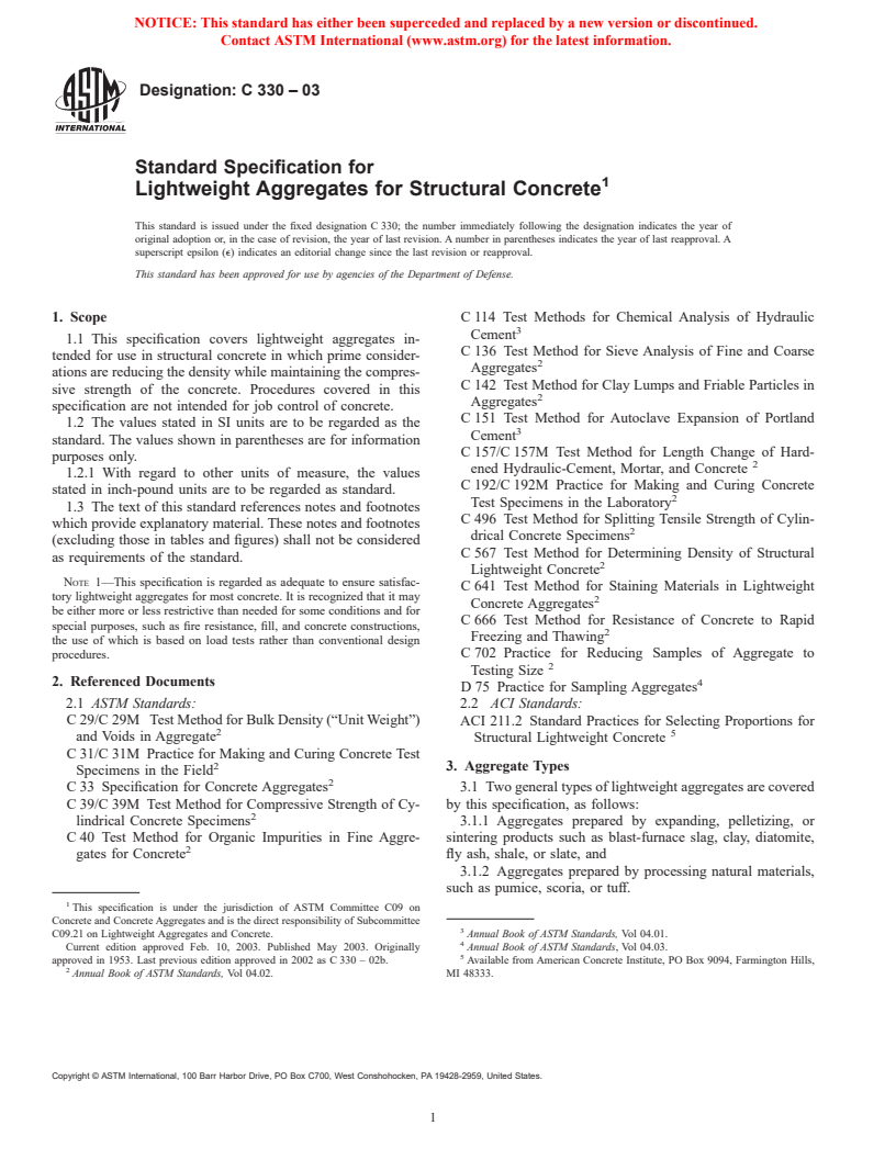 ASTM C330-03 - Standard Specification for Lightweight Aggregates for Structural Concrete