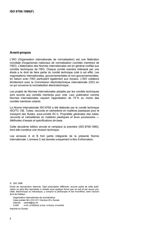 ISO 8795:1998 ISO 8795:1998 - Systemes de canalisations en plastiques pour le transport d'eau destinée a la consommation humaine -- Evaluation de la migration -- Détermination des valeurs de migration des tubes plastiques - Page 2 preview