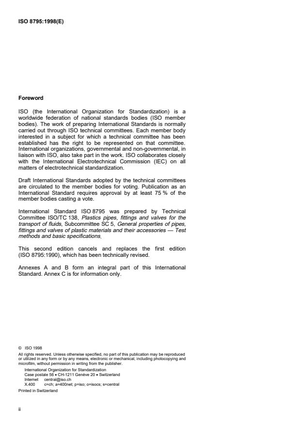 ISO 8795:1998 ISO 8795:1998 - Plastics piping systems for the conveyance of water intended for human consumption -- Migration assessment -- Determination of migration values for plastics pipes - Page 2 preview