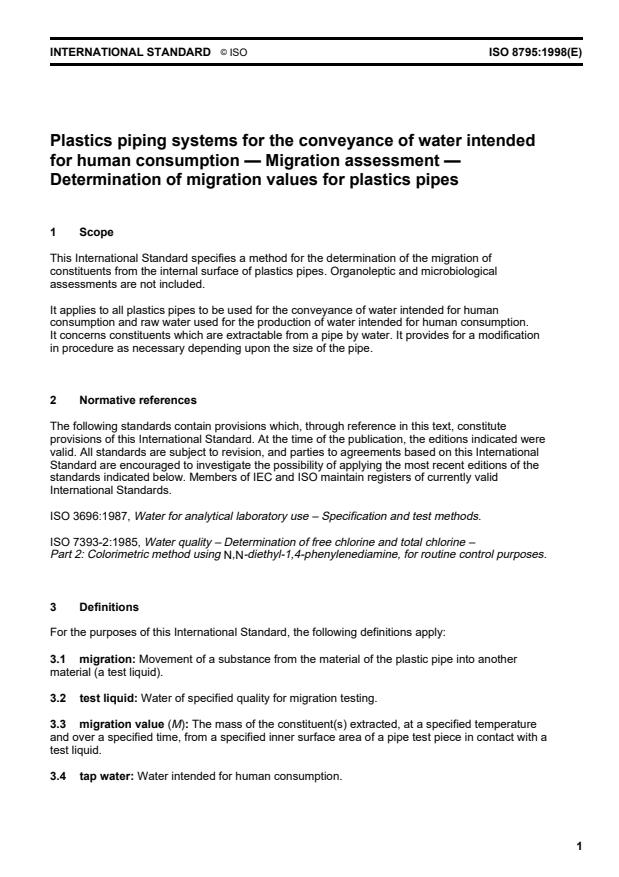 ISO 8795:1998 - Plastics piping systems for the conveyance of water intended for human consumption -- Migration assessment -- Determination of migration values for plastics pipes
