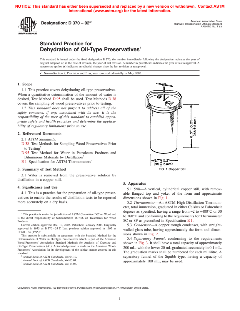 ASTM D370-02e1 - Standard Practice for Dehydration of Oil-Type Preservatives (Withdrawn 2006)