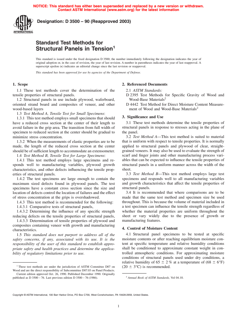 ASTM D3500-90(2003) - Standard Test Methods for Structural Panels in Tension