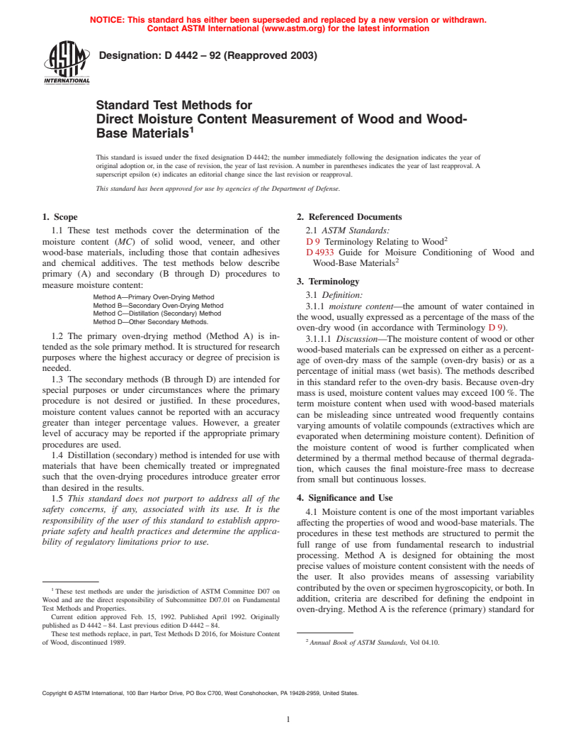 ASTM D4442-92(2003) - Standard Test Methods for Direct Moisture Content Measurement of Wood and Wood-Base Materials