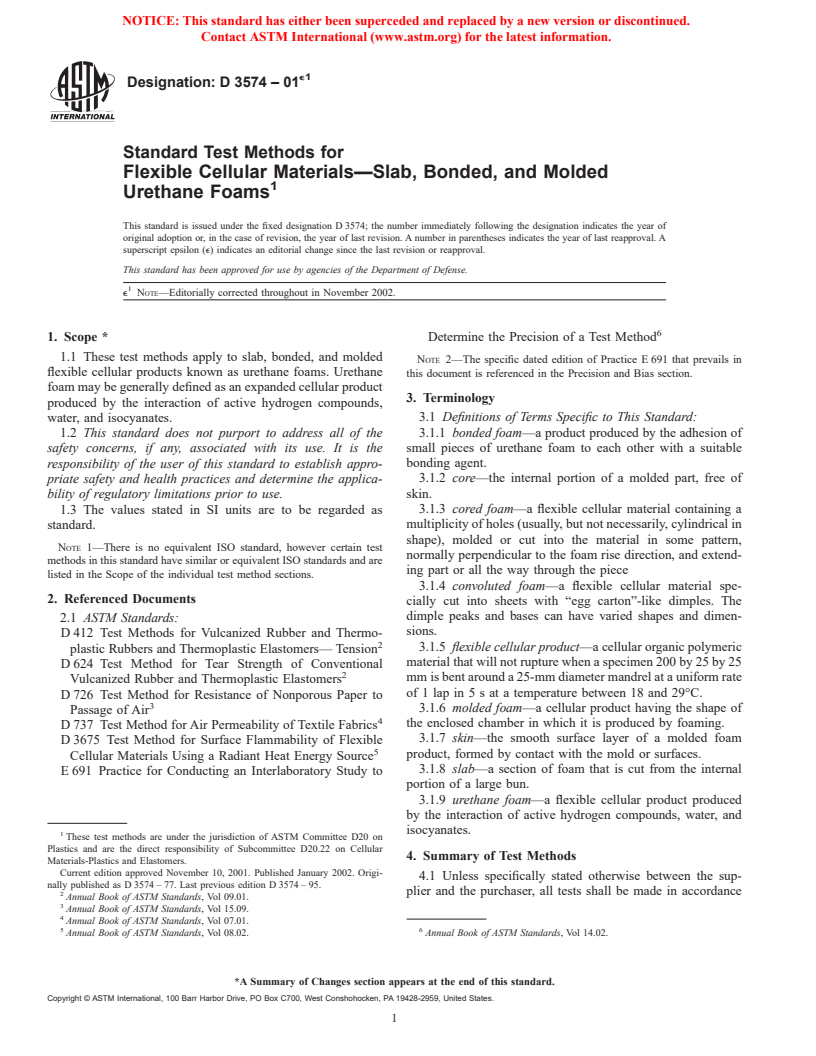 ASTM D3574-01e1 - Standard Test Methods for Flexible Cellular Materials&#8212;Slab, Bonded, and Molded Urethane Foams