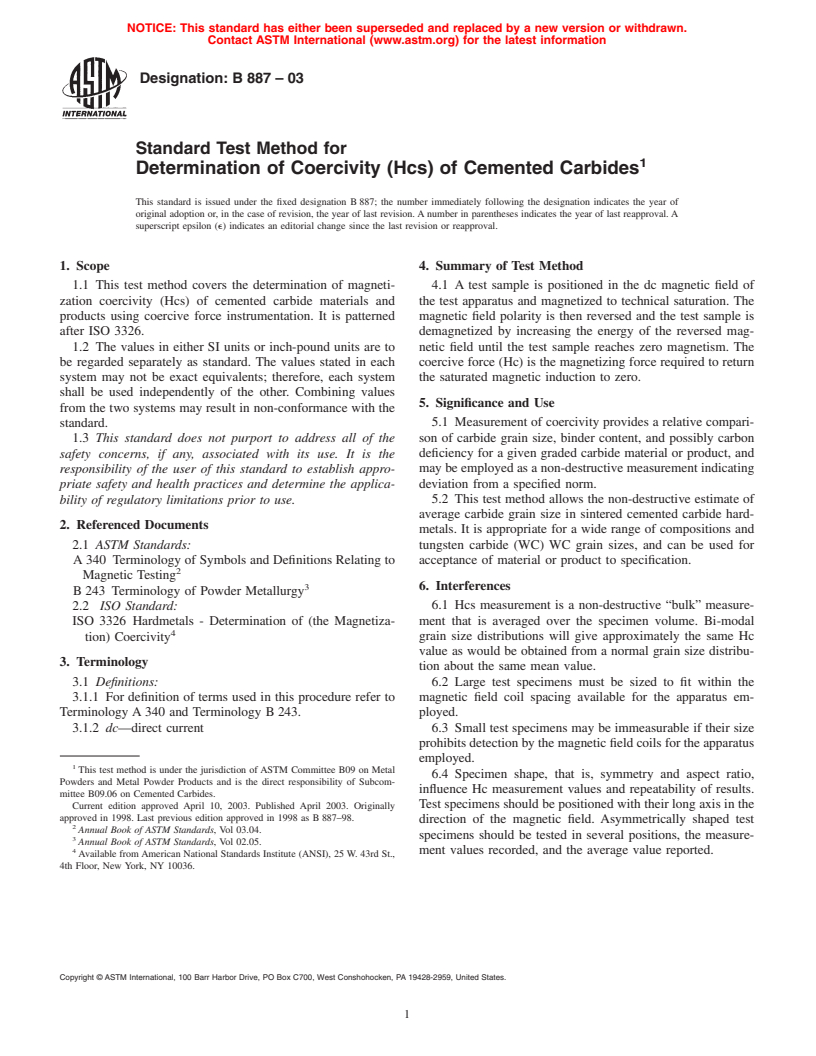 ASTM B887-03 - Standard Test Method for Determination of Coercivity (Hcs) of Cemented Carbides