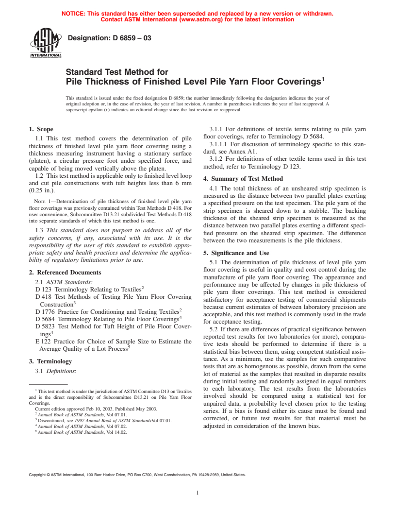 ASTM D6859-03 - Standard Test Method for Pile Thickness of Finished Level Pile Yarn Floor Coverings