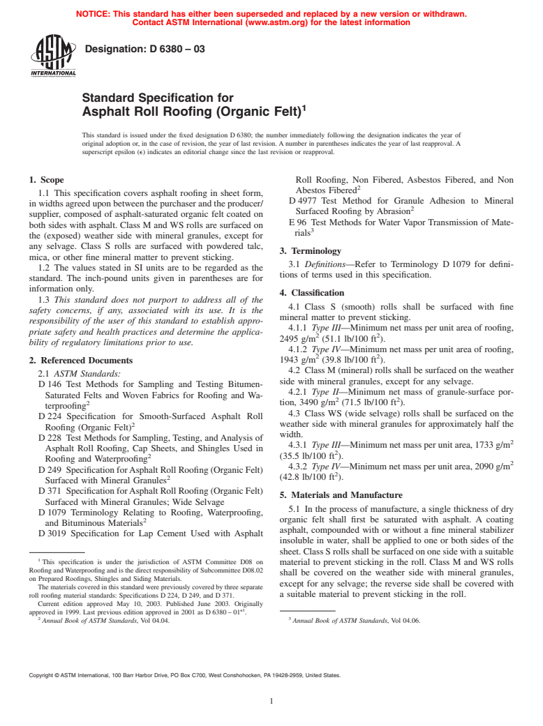 ASTM D6380-03 - Standard Specification for Asphalt Roll Roofing (Organic Felt)