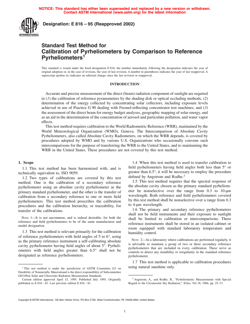 ASTM E816-95(2002) - Standard Test Method for Calibration of Pyrheliometers by Comparison to Reference Pyrheliometers