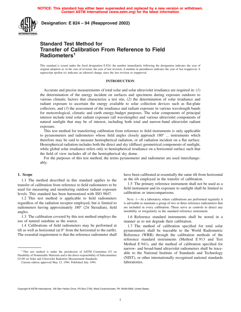 ASTM E824-94(2002) - Standard Test Method for Transfer of Calibration From Reference to Field Radiometers