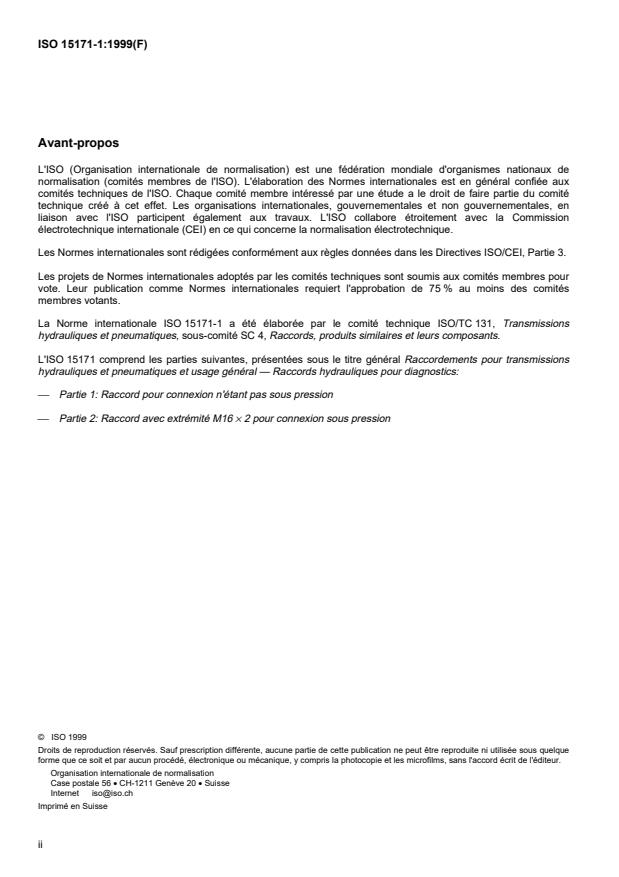 ISO 15171-1:1999 ISO 15171-1:1999 - Raccordements pour transmissions hydrauliques et pneumatiques et usage général -- Raccords hydrauliques pour diagnostics - Page 2 preview