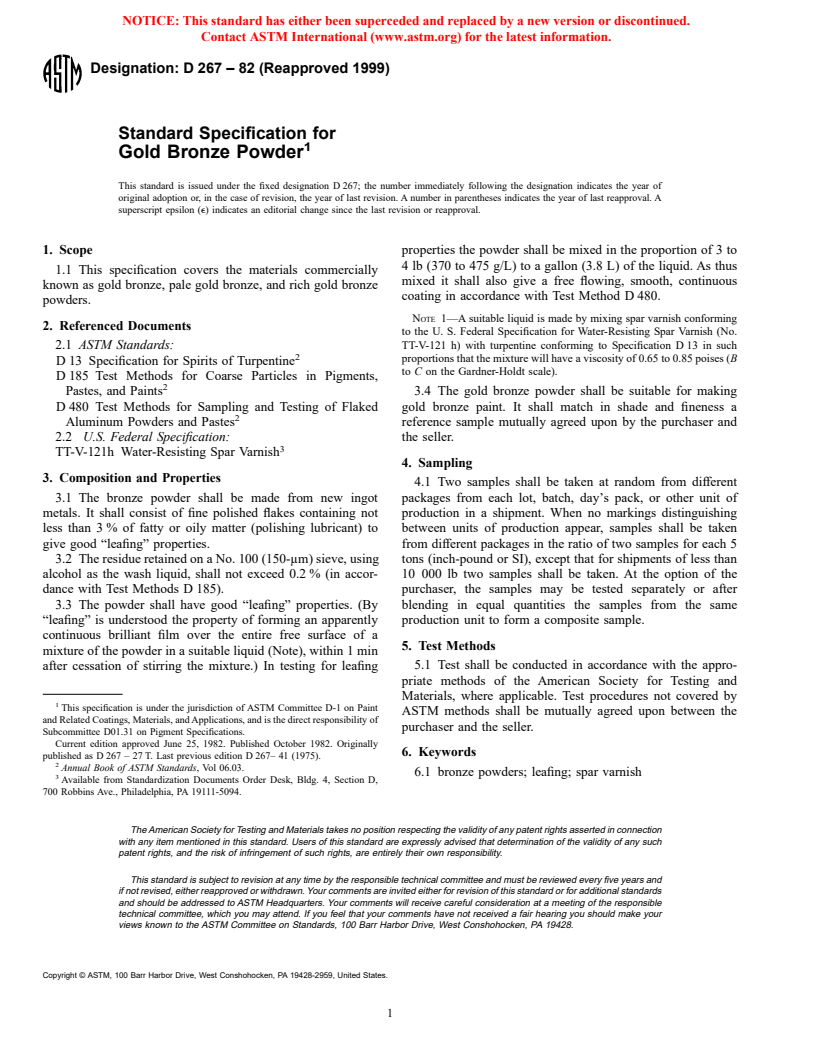 ASTM D267-82(1999) - Standard Specification for Gold Bronze Powder