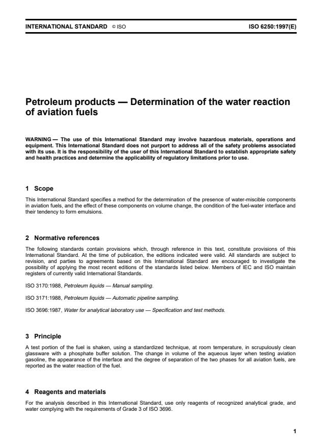 ISO 6250:1997 - Petroleum products -- Determination of the water reaction of aviation fuels