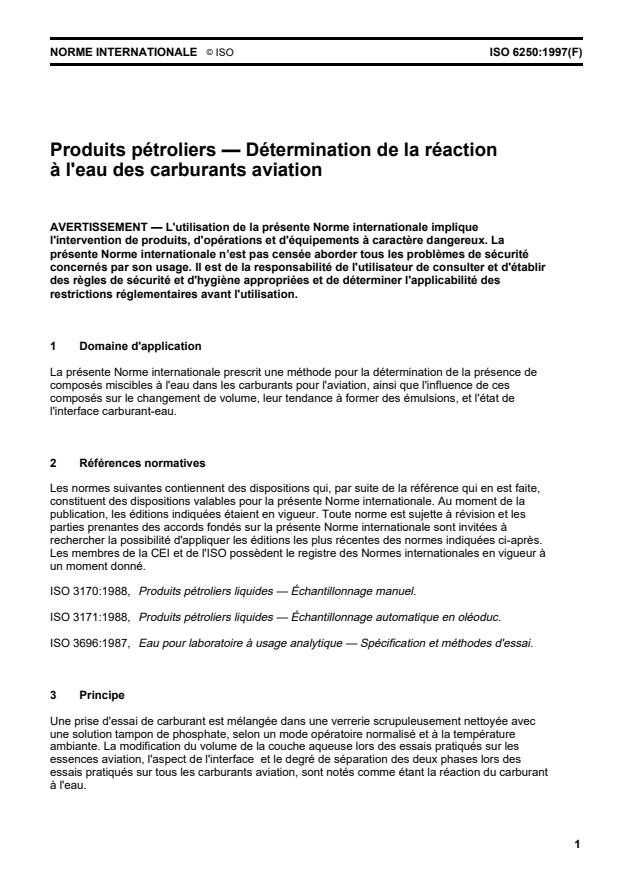 ISO 6250:1997 - Produits pétroliers -- Détermination de la réaction a l'eau des carburants aviation