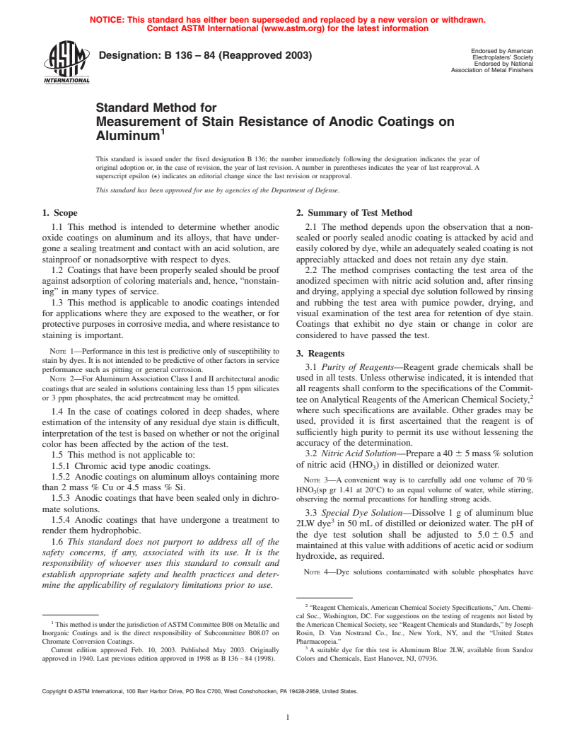 ASTM B136-84(2003) - Standard Method for Measurement of Stain Resistance of Anodic Coatings on Aluminum