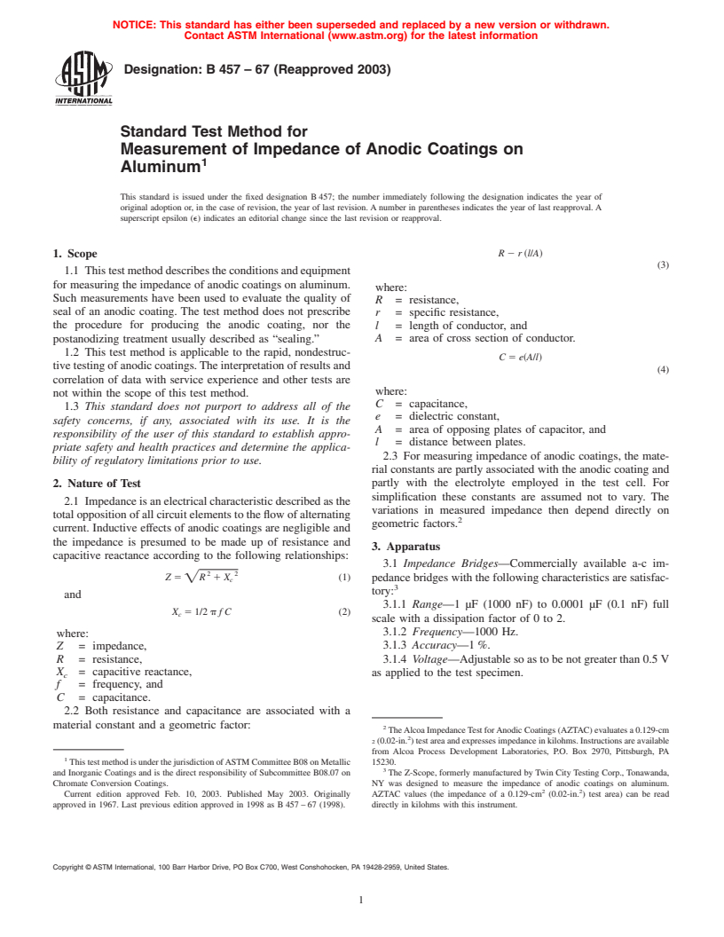 ASTM B457-67(2003) - Standard Test Method for Measurement of Impedance of Anodic Coatings on Aluminum