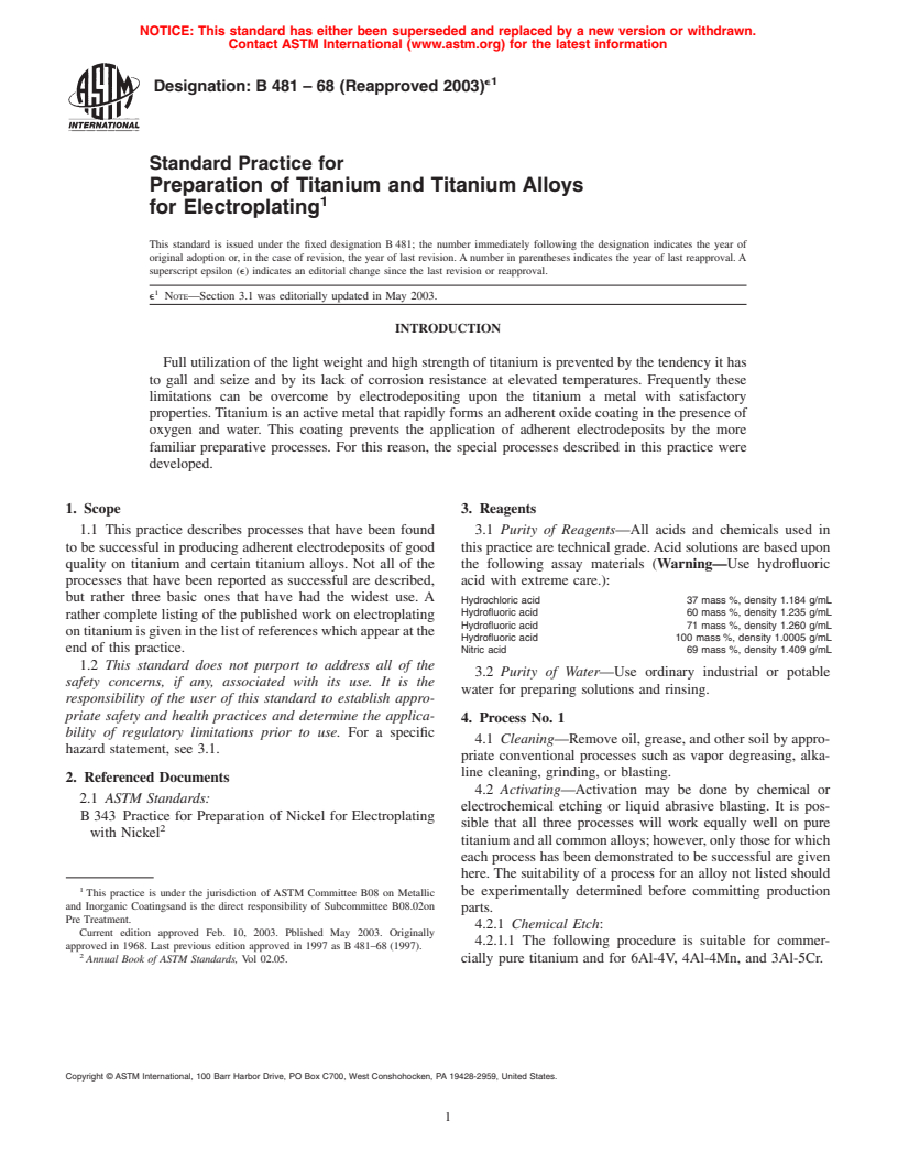 ASTM B481-68(2003)e1 - Standard Practice for Preparation of Titanium and Titanium Alloys for Electroplating