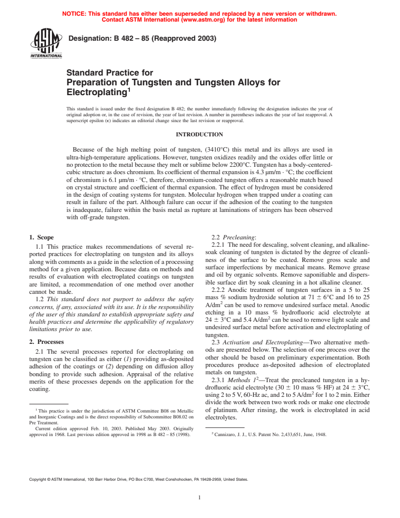 ASTM B482-85(2003) - Standard Practice for Preparation of Tungsten and Tungsten Alloys for Electroplating
