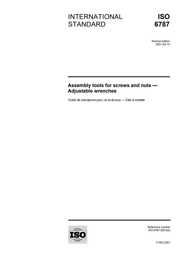 ISO 6787:2001 - Assembly tools for screws and nuts -- Adjustable wrenches
