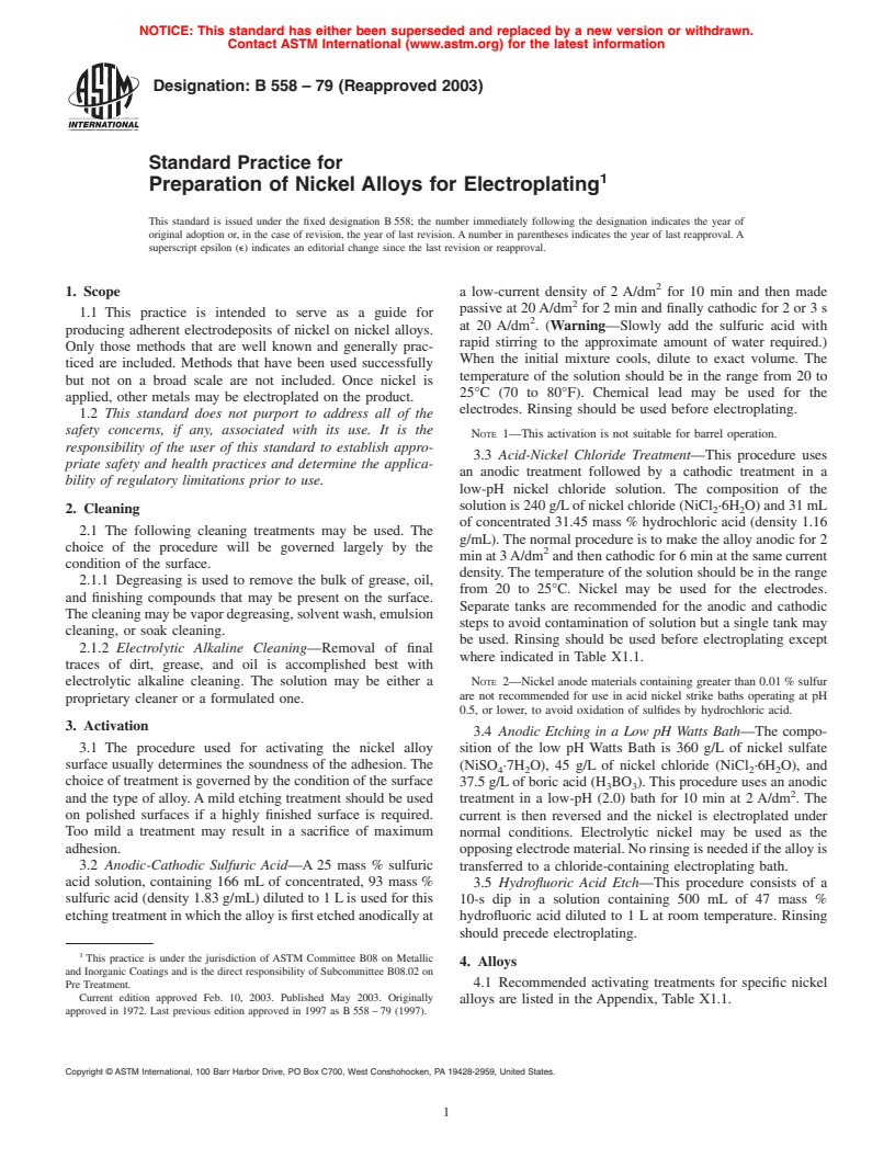ASTM B558-79(2003) - Standard Practice for Preparation of Nickel Alloys for Electroplating