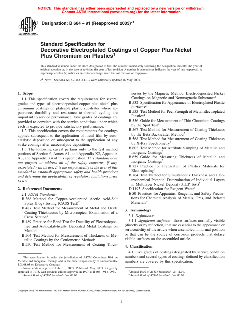 ASTM B604-91(2003)e1 - Standard Specification for Decorative Electroplated Coatings of Copper Plus Nickel Plus Chromium on Plastics
