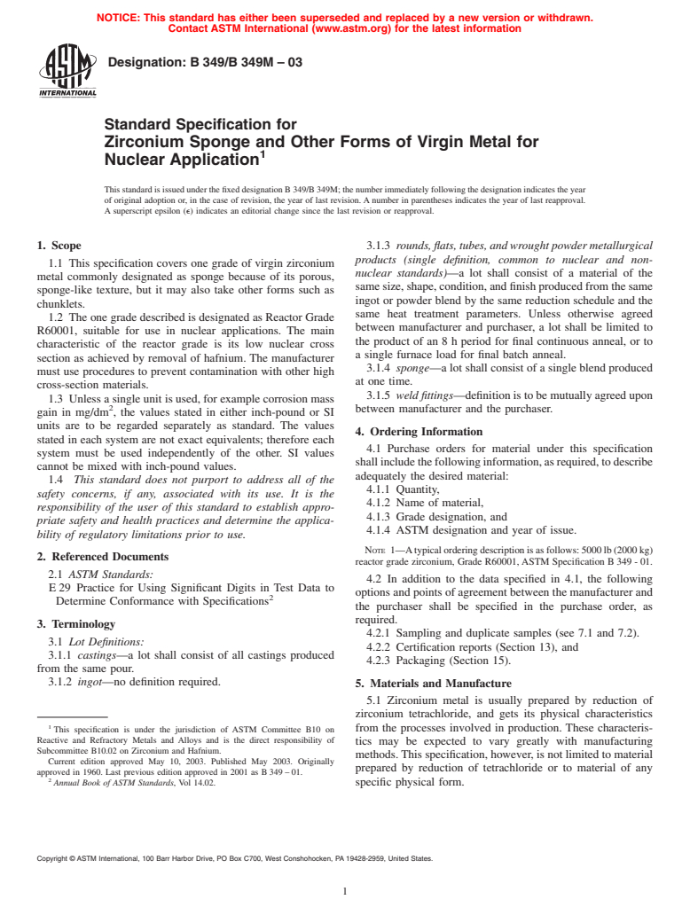 ASTM B349/B349M-03 - Standard Specification for Zirconium Sponge and Other Forms of Virgin Metal for Nuclear Application