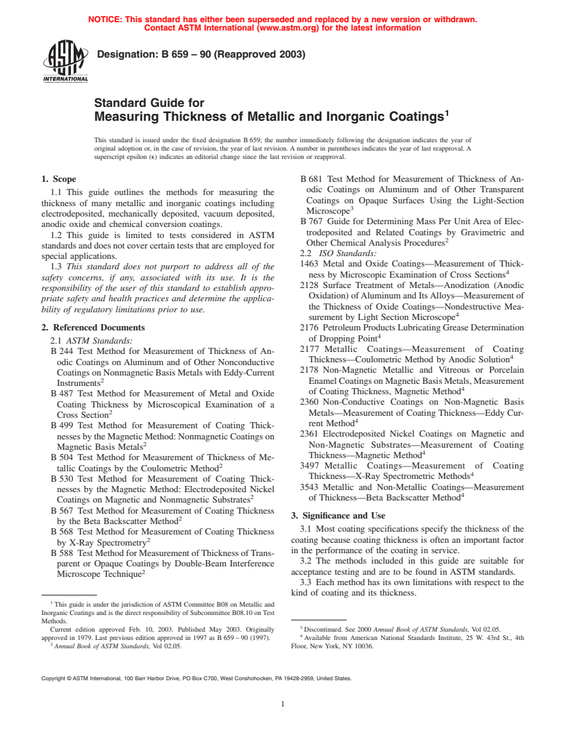 ASTM B659-90(2003) - Standard Guide for Measuring Thickness of Metallic and Inorganic Coatings