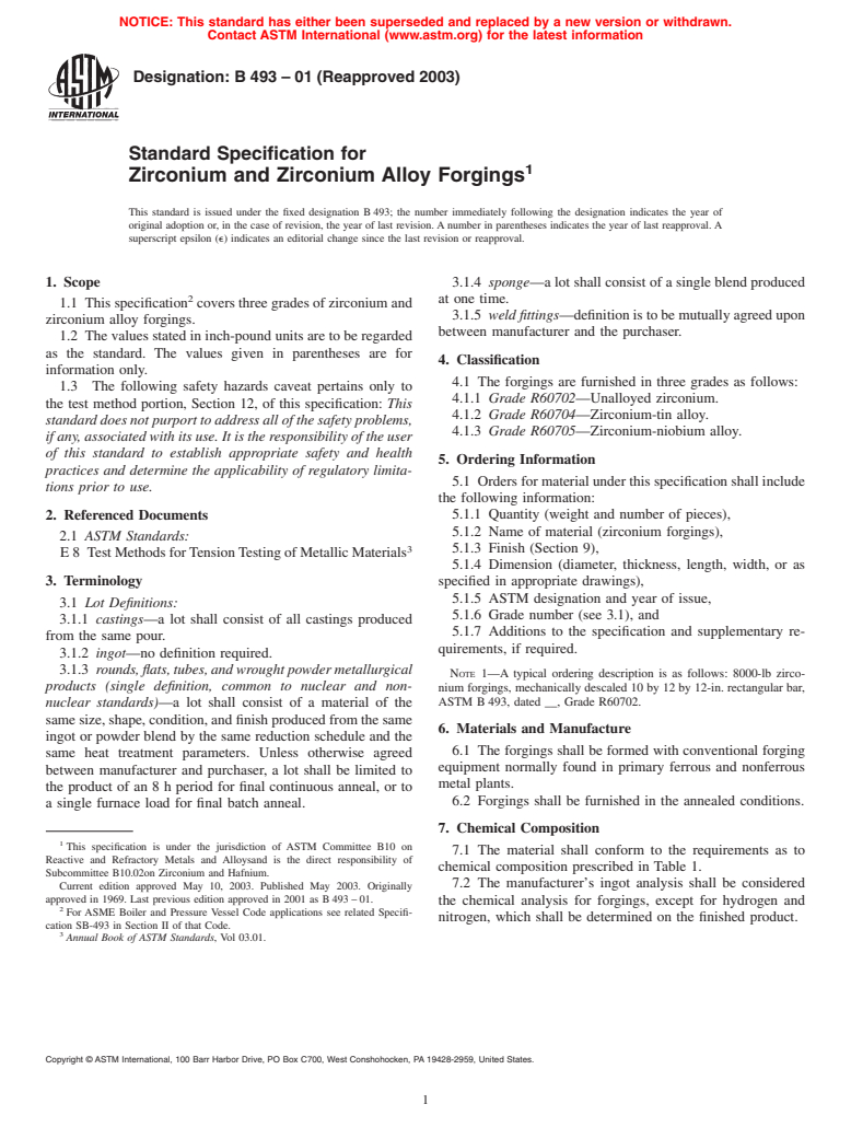 ASTM B493-01(2003) - Standard Specification for Zirconium and Zirconium Alloy Forgings