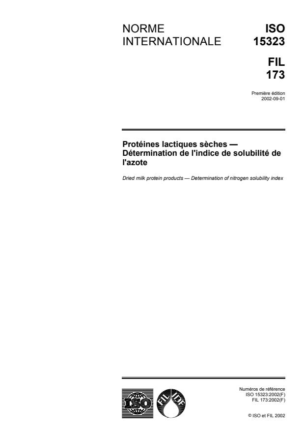 ISO 15323:2002 - Protéines lactiques seches -- Détermination de l'indice de solubilité de l'azote
