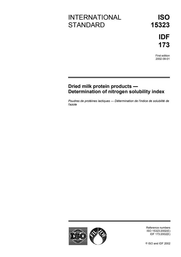 ISO 15323:2002 - Dried milk protein products -- Determination of nitrogen solubility index