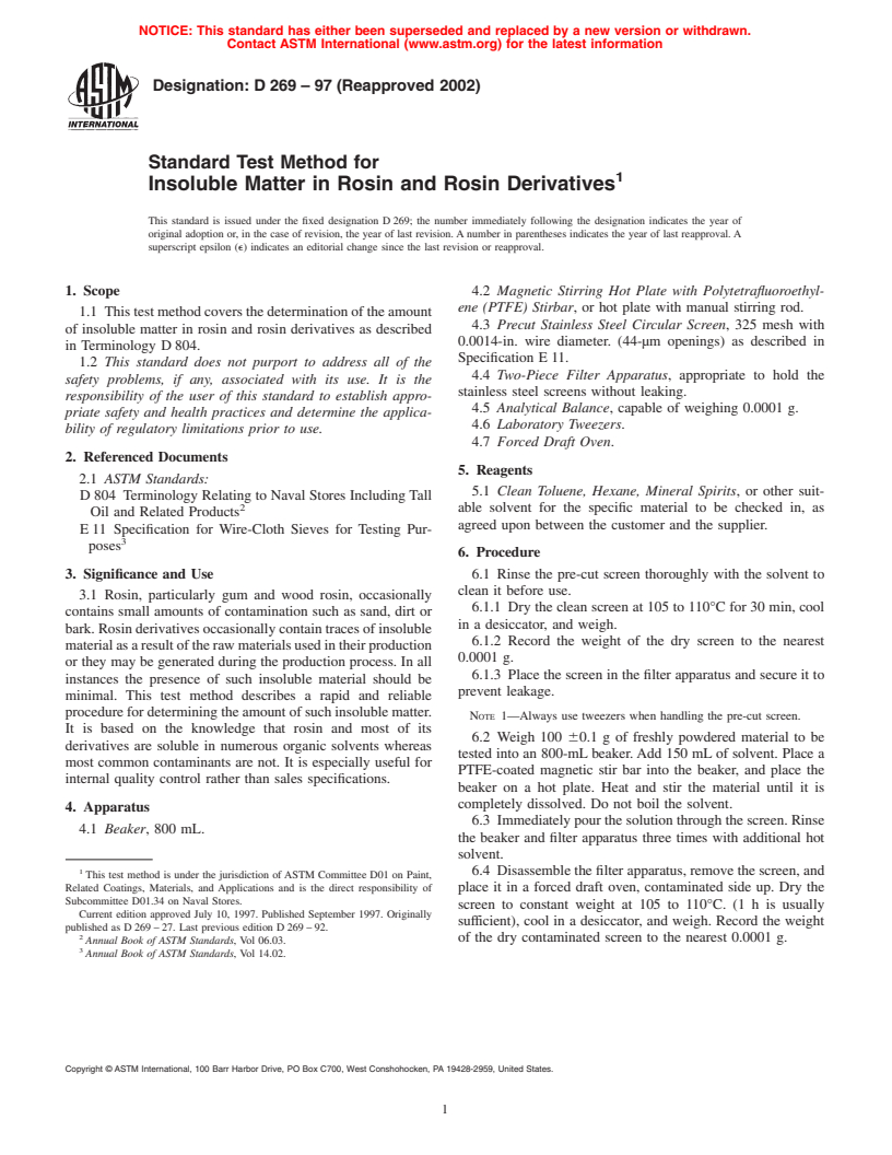 ASTM D269-97(2002) - Standard Test Method for Insoluble Matter in Rosin and Rosin Derivatives