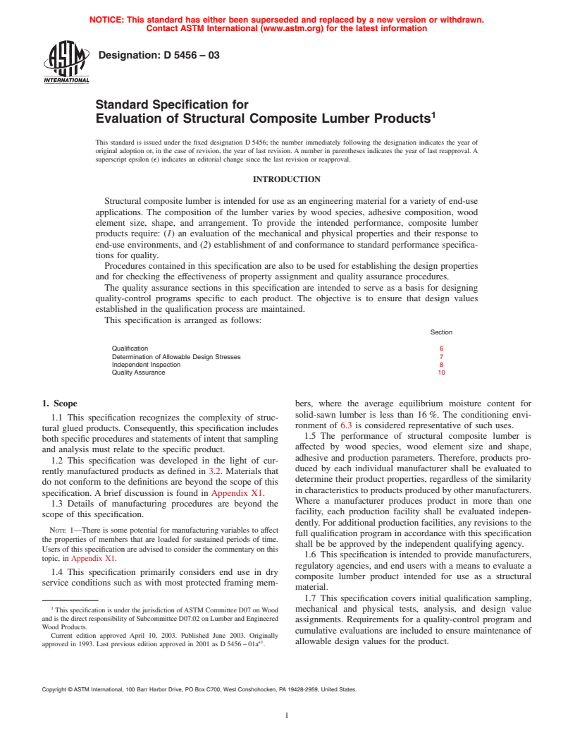 ASTM D5456-03 - Standard Specification for Evaluation of Structural Composite Lumber Products