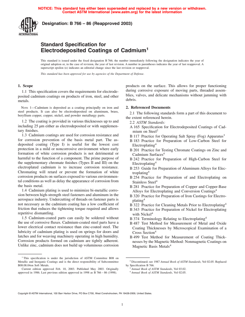 ASTM B766-86(2003) - Standard Specification for Electrodeposited Coatings of Cadmium