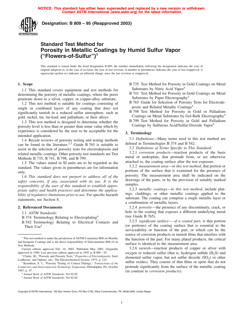 ASTM B809-95(2003) - Standard Test Method for Porosity in Metallic Coatings by Humid Sulfur Vapor ("Flowers-of-Sulfur")