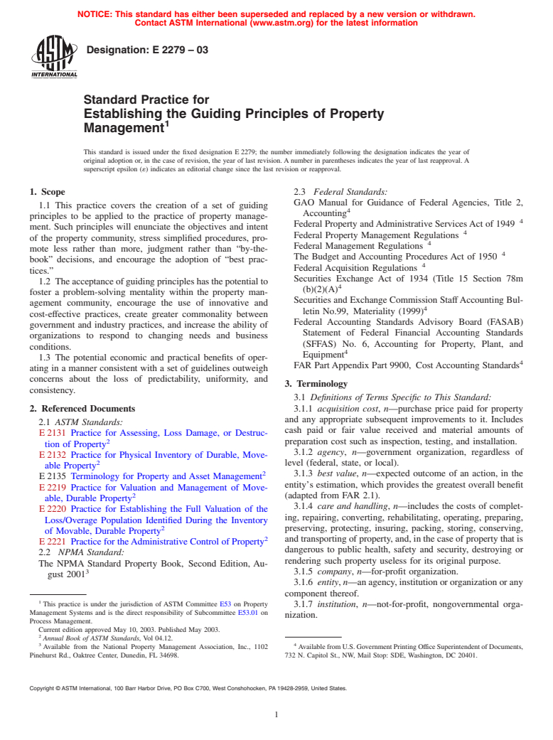 ASTM E2279-03 - Standard Practice for Establishing the Guiding Principles of Property Management