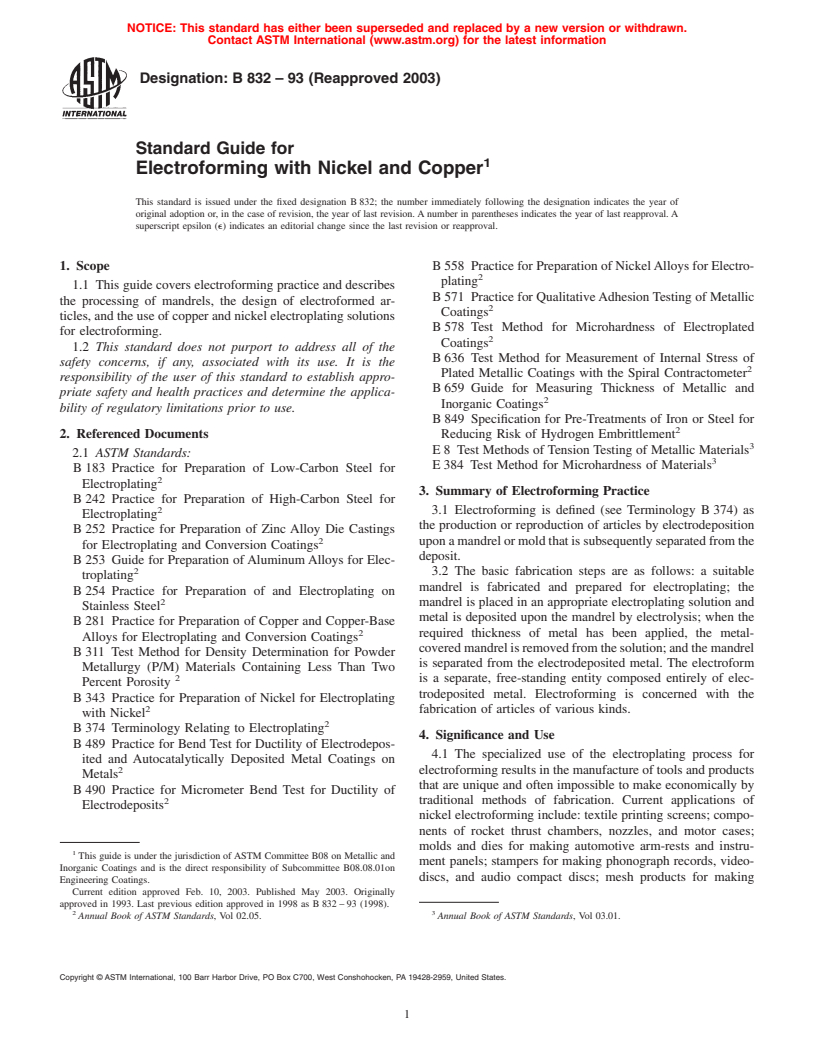 ASTM B832-93(2003) - Standard Guide for Electroforming with Nickel and Copper