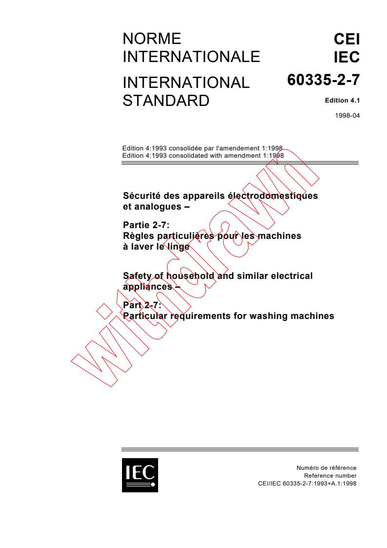 IEC 60335-2-7:1993+AMD1:1998 CSV - Safety of household and similar electrical appliances - Part 2-7: Particular requirements for washing machines
Released:5/8/1998
Isbn:2831843219
