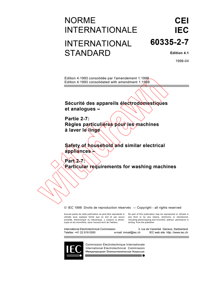 IEC 60335-2-7:1993+AMD1:1998 CSV - Safety of household and similar electrical appliances - Part 2-7: Particular requirements for washing machines
Released:5/8/1998
Isbn:2831843219