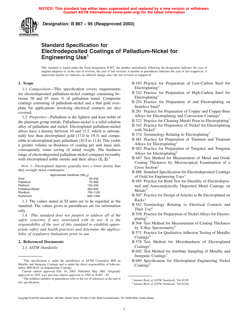 ASTM B867-95(2003) - Standard Specification for Electrodeposited Coatings of Palladium-Nickel for Engineering Use