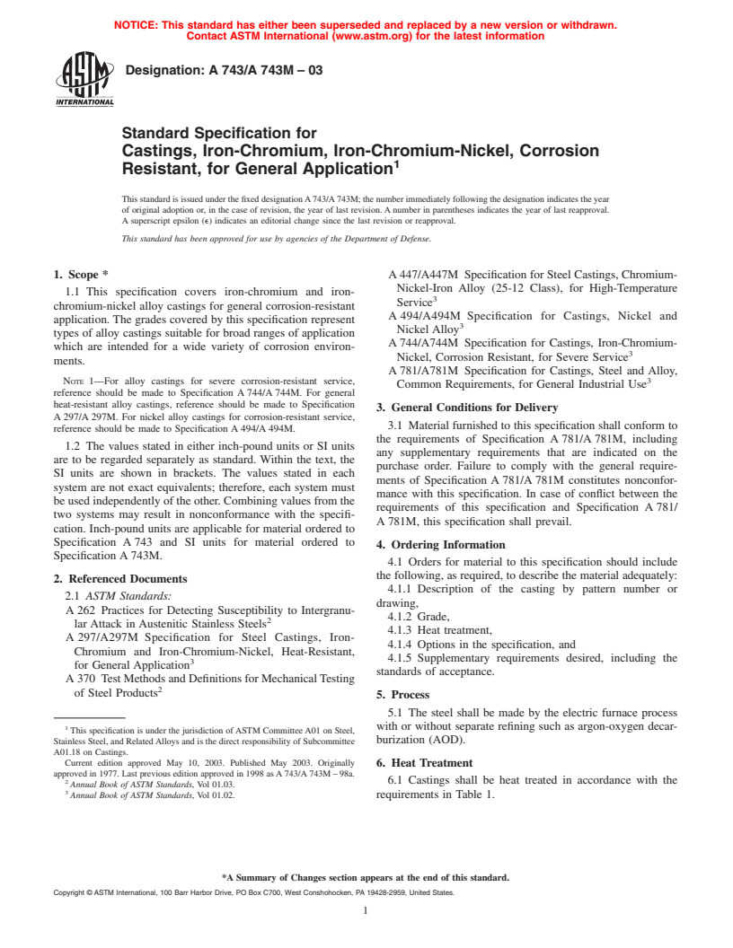 ASTM A743/A743M-03 - Standard Specification for Castings, Iron-Chromium, Iron-Chromium-Nickel, Corrosion Resistant, for General Application