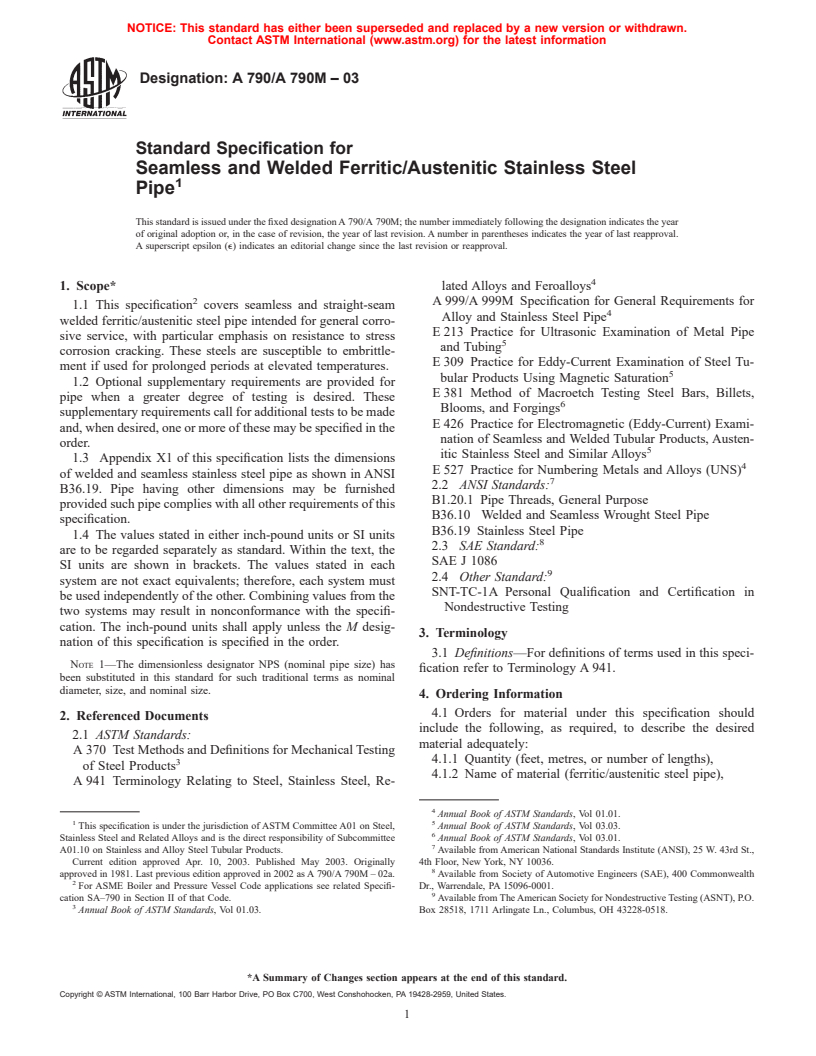 ASTM A790/A790M-03 - Standard Specification for Seamless and Welded Ferritic/Austenitic Stainless Steel Pipe