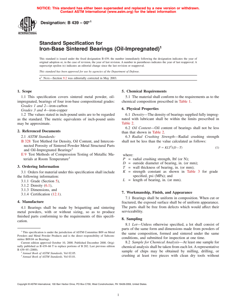 ASTM B439-00e1 - Standard Specification for Iron-Base Sintered Bearings (Oil-Impregnated)