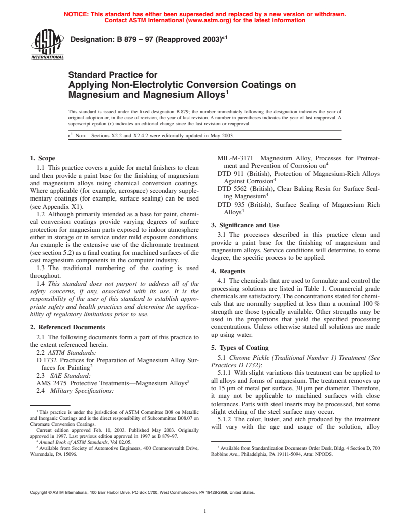 ASTM B879-97(2003)e1 - Standard Practice for Applying Non-Electrolytic Conversion Coatings on Magnesium and Magnesium Alloys